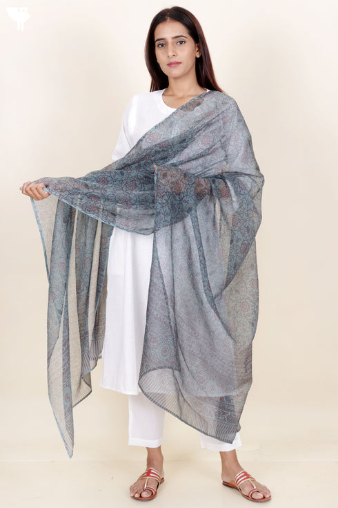 Kota Doria Dupatta In Floral Block Print